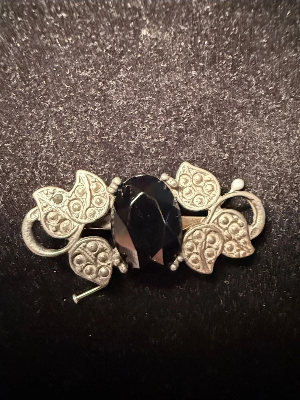 Silver-Tone Leaf Brooch with Black Faceted Stone